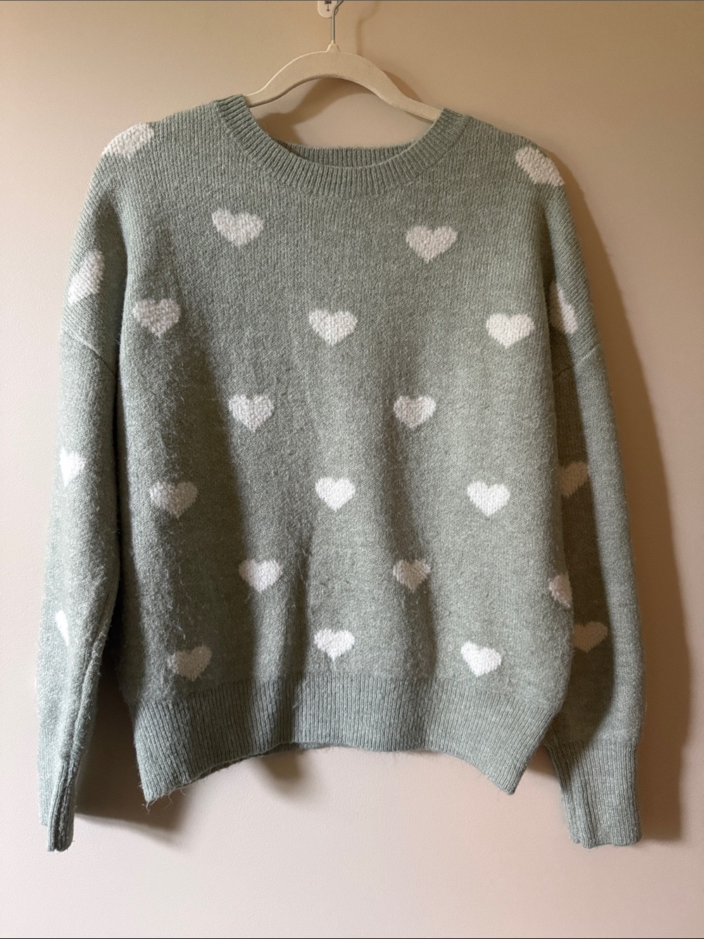 RW&CO. Sage Green Crewneck Sweater with White Heart Motif